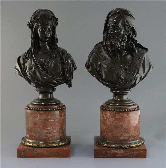 A pair of 19th century French bronze busts of a bearded man and woman wearing a laurel wreath, height 19in.